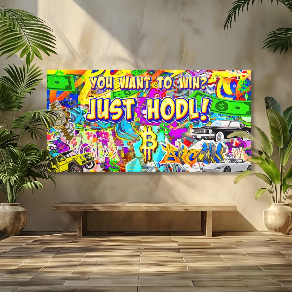 Tablou canvas cu tablou canvas cu graffiti si bitcoin, fara rama, pe sasiu de lemn